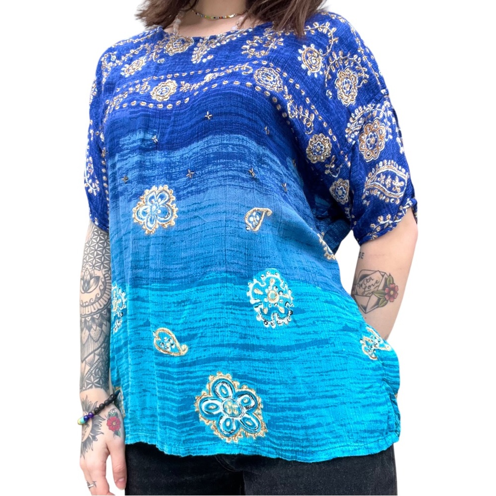 Y2K Blue Floral Beaded Blouse • Size Large 🦋✨